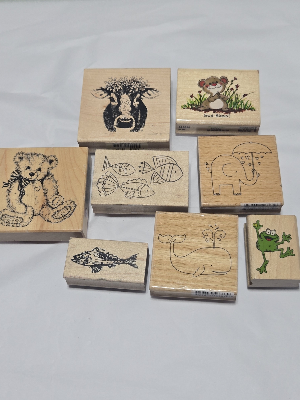 Lot 28- Wooden Rubber Stamp Set - Animal & Fish Designs - Natural Wood